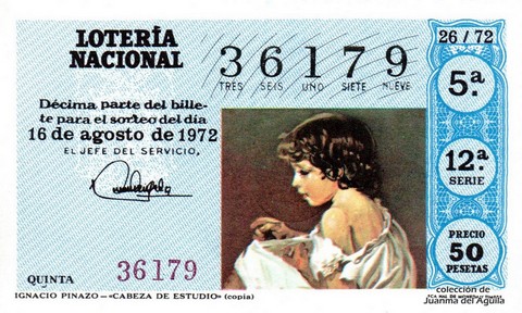 Décimo de Lotería Nacional de 1972 Sorteo 26 - IGNACIO PINAZO - «CABEZA DE ESTUDIO» (copia)