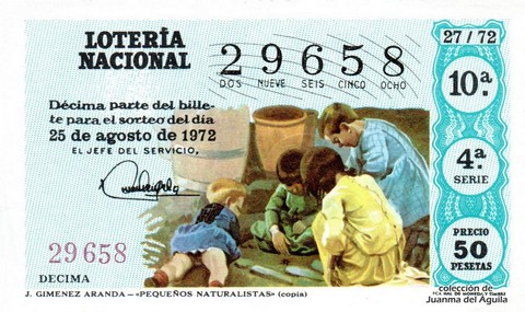 Décimo de Lotería Nacional de 1972 Sorteo 27 - J. GIMENEZ ARANDA - «PEQUEÑOS NATURALISTAS» (copia)
