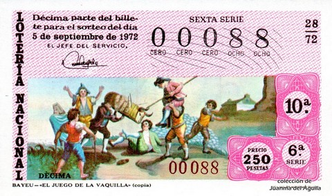 Décimo de Lotería Nacional de 1972 Sorteo 28 - BAYEU - «EL JUEGO DE LA VAQUILLA» (copia)
