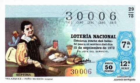 Décimo de Lotería Nacional de 1972 Sorteo 29 - VELAZQUEZ - «NIÑO MUSICO» (copia)