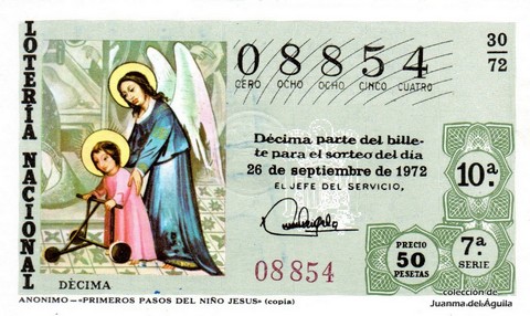 Décimo de Lotería Nacional de 1972 Sorteo 30 - ANONIMO - «PRIMEROS PASOS DEL NIÑO JESUS» (copia)