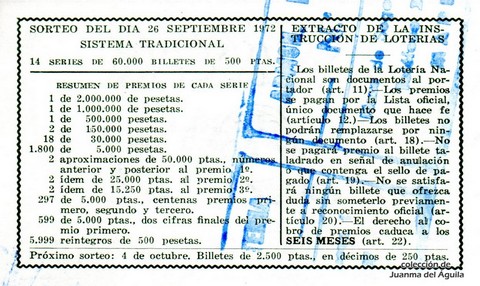 Reverso décimo de Lotería 1972 / 30