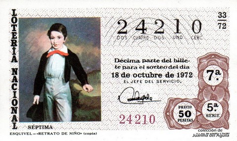 Décimo de Lotería Nacional de 1972 Sorteo 33 - ESQUIVEL - «RETRATO DE NIÑO» (copia)