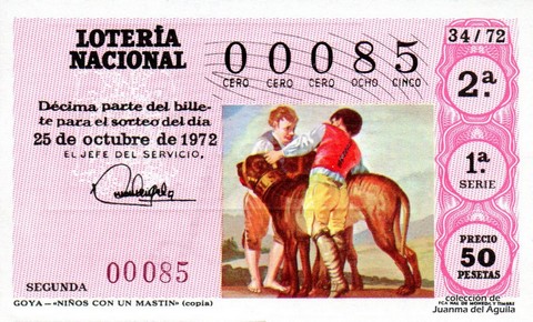 Décimo de Lotería Nacional de 1972 Sorteo 34 - GOYA - «NIÑOS CON UN MASTIN» (copia)