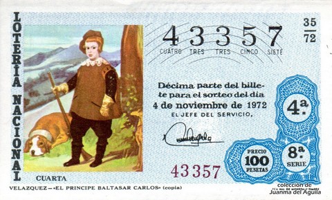 Décimo de Lotería Nacional de 1972 Sorteo 35 - VELAZQUEZ - «EL PRINCIPE BALTASAR CARLOS» (copia)