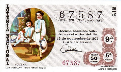 Décimo de Lotería Nacional de 1972 Sorteo 36 - LUIS FERRANT - «DOS NIÑOS» (copia)