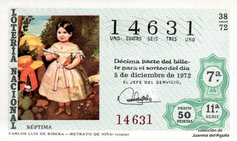 Décimo de Lotería Nacional de 1972 Sorteo 38 - CARLOS LUIS DE RIBERA - «RETRATO DE NIÑA» (copia)