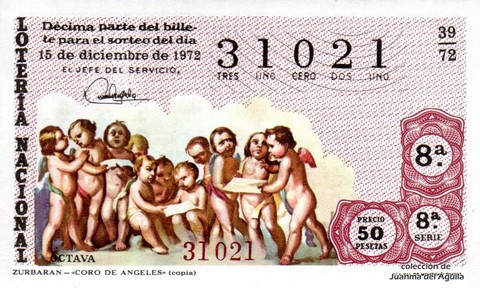 Décimo de Lotería Nacional de 1972 Sorteo 39 - ZURBARAN - «CORO DE ANGELES» (copia)