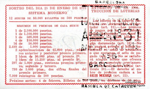 Reverso décimo de Lotería 1972 / 3