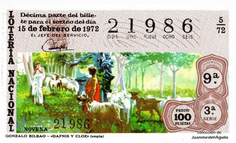 Décimo de Lotería Nacional de 1972 Sorteo 5 - GONZALO BILBAO - «DAFNIS Y CLOE» (copia)