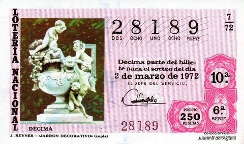 Décimo de Lotería Nacional de 1972 Sorteo 7 - J. REYNES - «JARRON DECORATIVO» (copia)