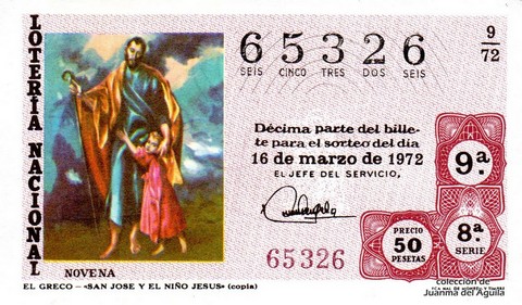 Décimo de Lotería Nacional de 1972 Sorteo 9 - EL GRECO - «SAN JOSE Y EL NIÑO JESUS» (copia)