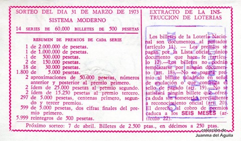 Reverso del décimo de Lotería Nacional de 1973 Sorteo 10