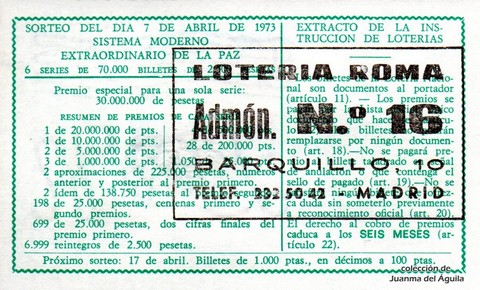 Reverso décimo de Lotería 1973 / 11