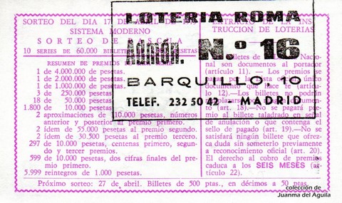 Reverso del décimo de Lotería Nacional de 1973 Sorteo 12