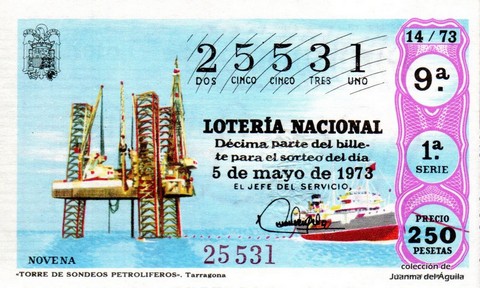 Décimo de Lotería Nacional de 1973 Sorteo 14 - «TORRE DE SONDEOS PETROLIFEROS». Tarragona