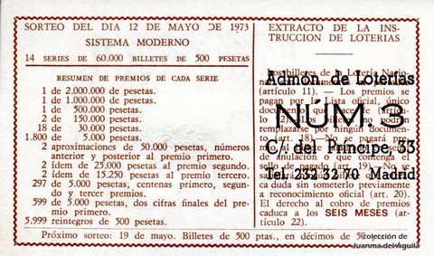 Reverso del décimo de Lotería Nacional de 1973 Sorteo 15