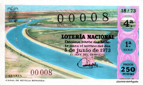 Décimo de Lotería Nacional de 1973 Sorteo 18 - «CANAL DE SEVILLA BONANZA»