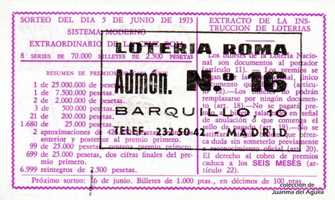 Reverso del décimo de Lotería Nacional de 1973 Sorteo 18