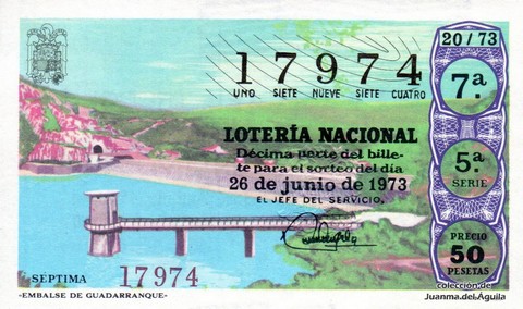 Décimo de Lotería Nacional de 1973 Sorteo 20 - «EMBALSE DE GUADARRANQUE»