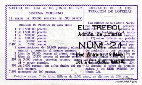 Reverso del décimo de Lotería Nacional de 1973 Sorteo 20