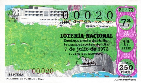 Décimo de Lotería Nacional de 1973 Sorteo 21 - «PARADOR DE TURISMO». Bagur