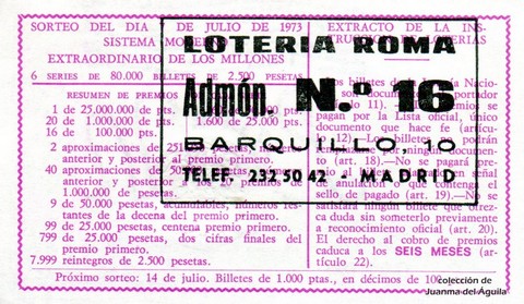 Reverso del décimo de Lotería Nacional de 1973 Sorteo 21