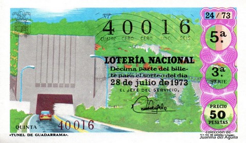 Décimo de Lotería Nacional de 1973 Sorteo 24 - «TUNEL DE GUADARRAMA».