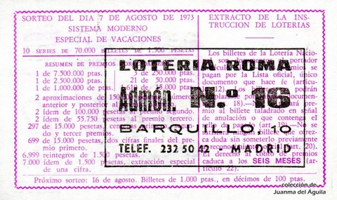 Reverso del décimo de Lotería Nacional de 1973 Sorteo 25