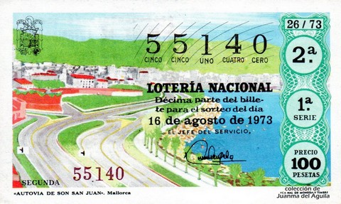 Décimo de Lotería Nacional de 1973 Sorteo 26 - «AUTOVIA DE SON SAN JUAN». Mallorca