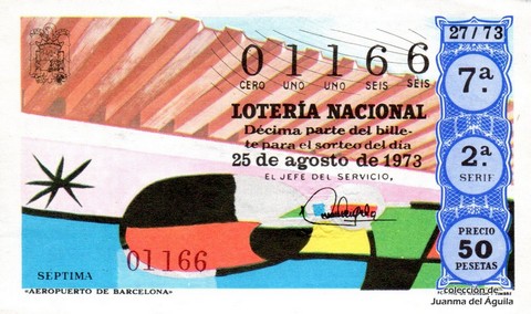 Décimo de Lotería Nacional de 1973 Sorteo 27 - «AEROPUERTO DE BARCELONA»