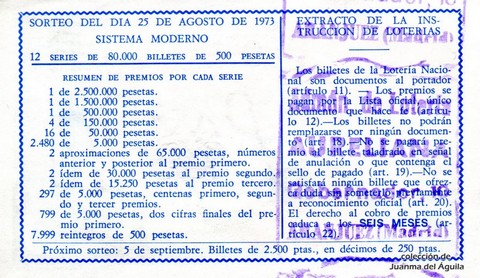Reverso décimo de Lotería 1973 / 27