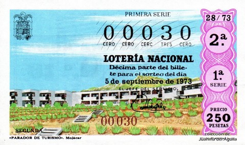 Décimo de Lotería Nacional de 1973 Sorteo 28 - «PARADOR DE TURISMO». Mojácar