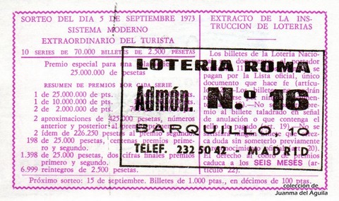 Reverso del décimo de Lotería Nacional de 1973 Sorteo 28