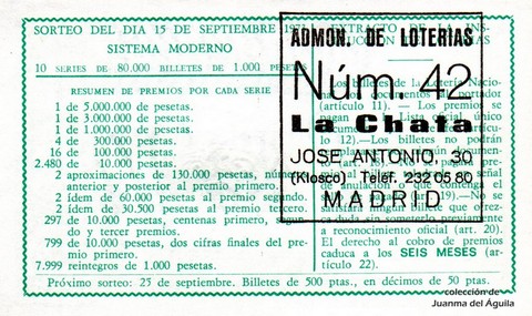 Reverso del décimo de Lotería Nacional de 1973 Sorteo 29