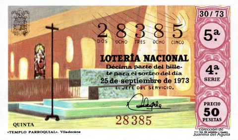 Décimo de Lotería Nacional de 1973 Sorteo 30 - «TEMPLO PARROQUIAL». Viladecans