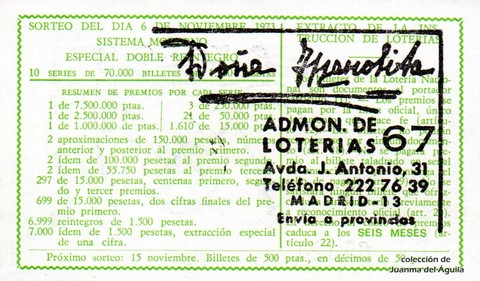 Reverso del décimo de Lotería Nacional de 1973 Sorteo 35