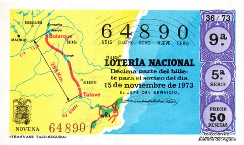 Décimo de Lotería Nacional de 1973 Sorteo 36 - «TRASVASE TAJO-SEGURA»