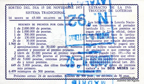 Reverso del décimo de Lotería Nacional de 1973 Sorteo 36