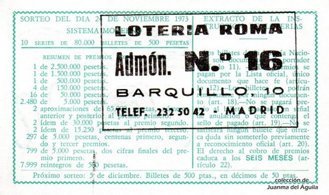 Reverso décimo de Lotería 1973 / 37