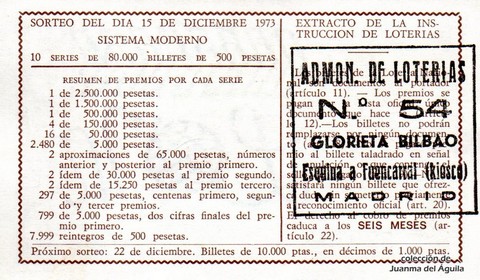 Reverso del décimo de Lotería Nacional de 1973 Sorteo 39