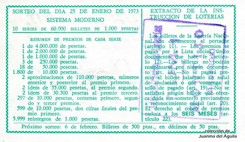 Reverso del décimo de Lotería Nacional de 1973 Sorteo 3
