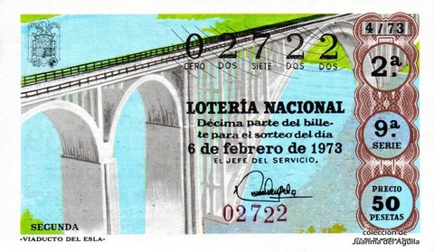 Décimo de Lotería Nacional de 1973 Sorteo 4 - «VIADUCTO DEL ESLA»