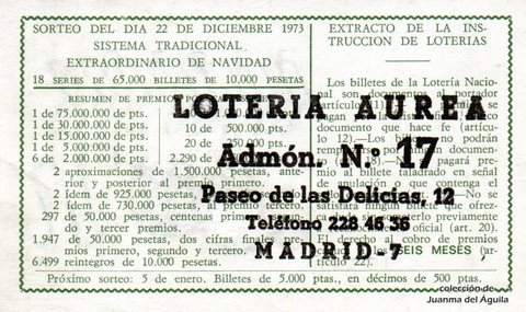 Reverso del décimo de Lotería Nacional de 1973 Sorteo 40