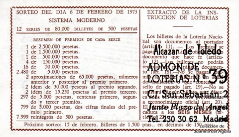 Reverso del décimo de Lotería Nacional de 1973 Sorteo 4