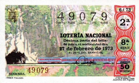 Décimo de Lotería Nacional de 1973 Sorteo 6 - «TREN TALGO»