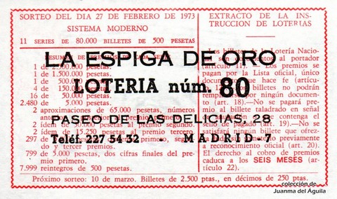Reverso del décimo de Lotería Nacional de 1973 Sorteo 6