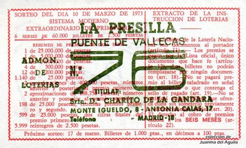 Reverso del décimo de Lotería Nacional de 1973 Sorteo 7