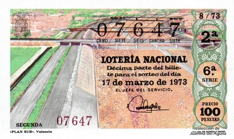 Décimo de Lotería Nacional de 1973 Sorteo 8 - «PLAN SUR». Valencia