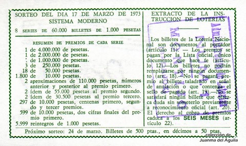 Reverso del décimo de Lotería Nacional de 1973 Sorteo 8